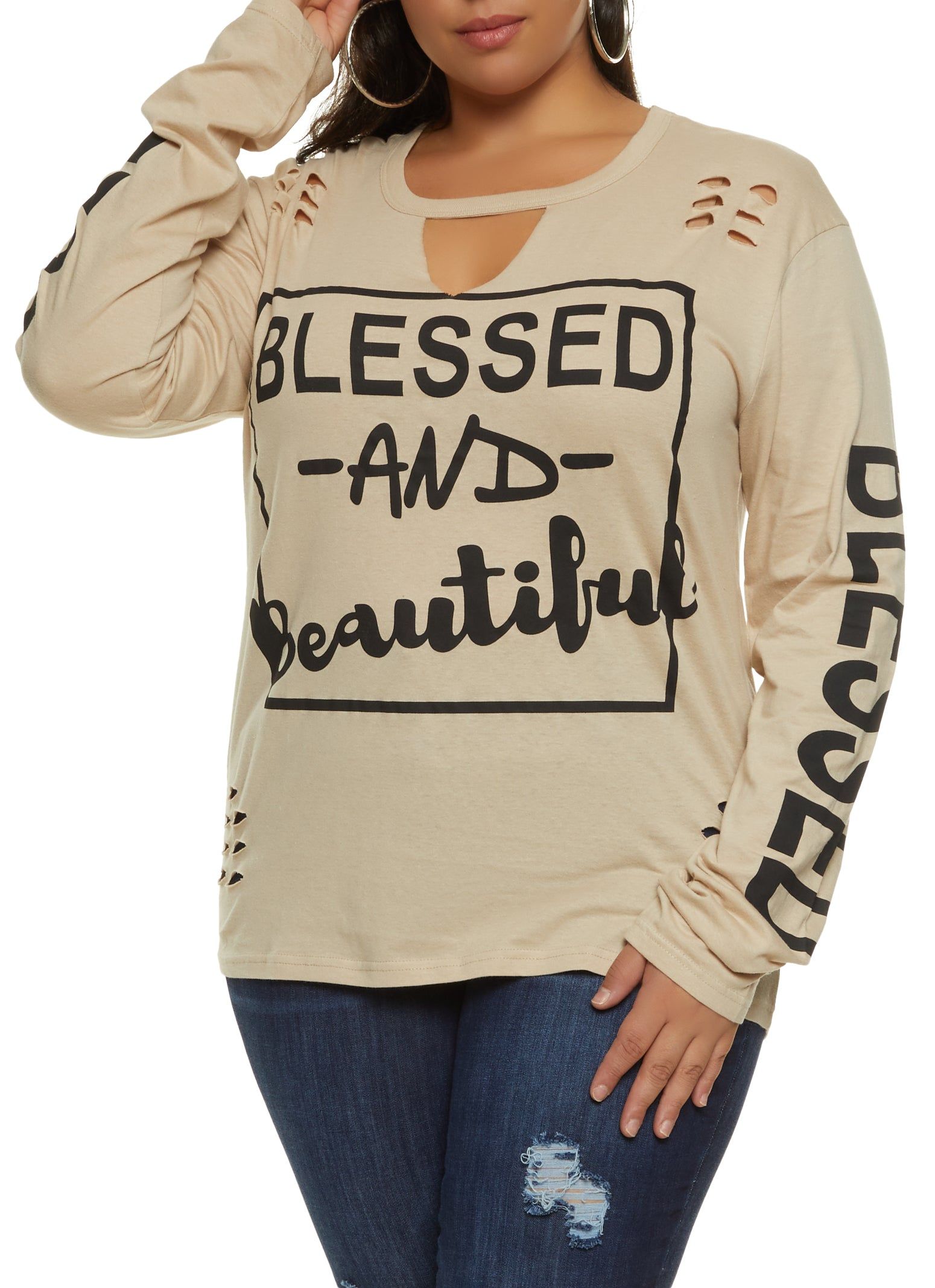 Plus Size Laser Cut Blessed and Beautiful Graphic Tee sold by Rainbow