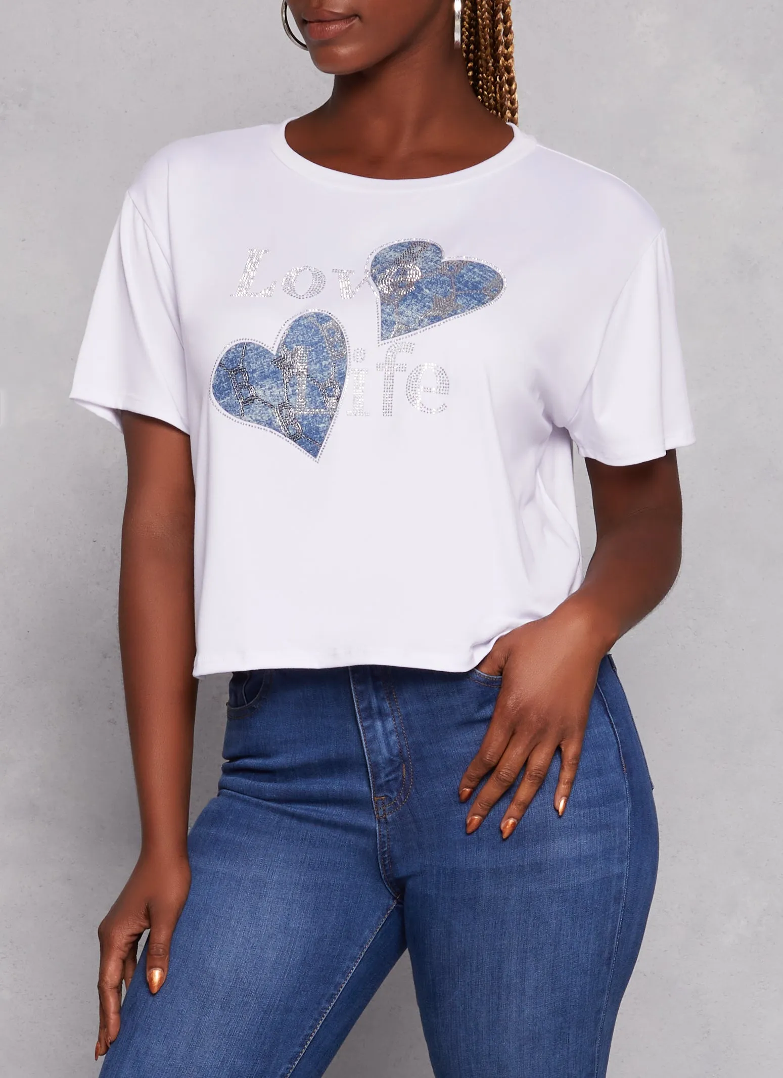 Love Life Patch Rhinestone Graphic Tee sold by Rainbow