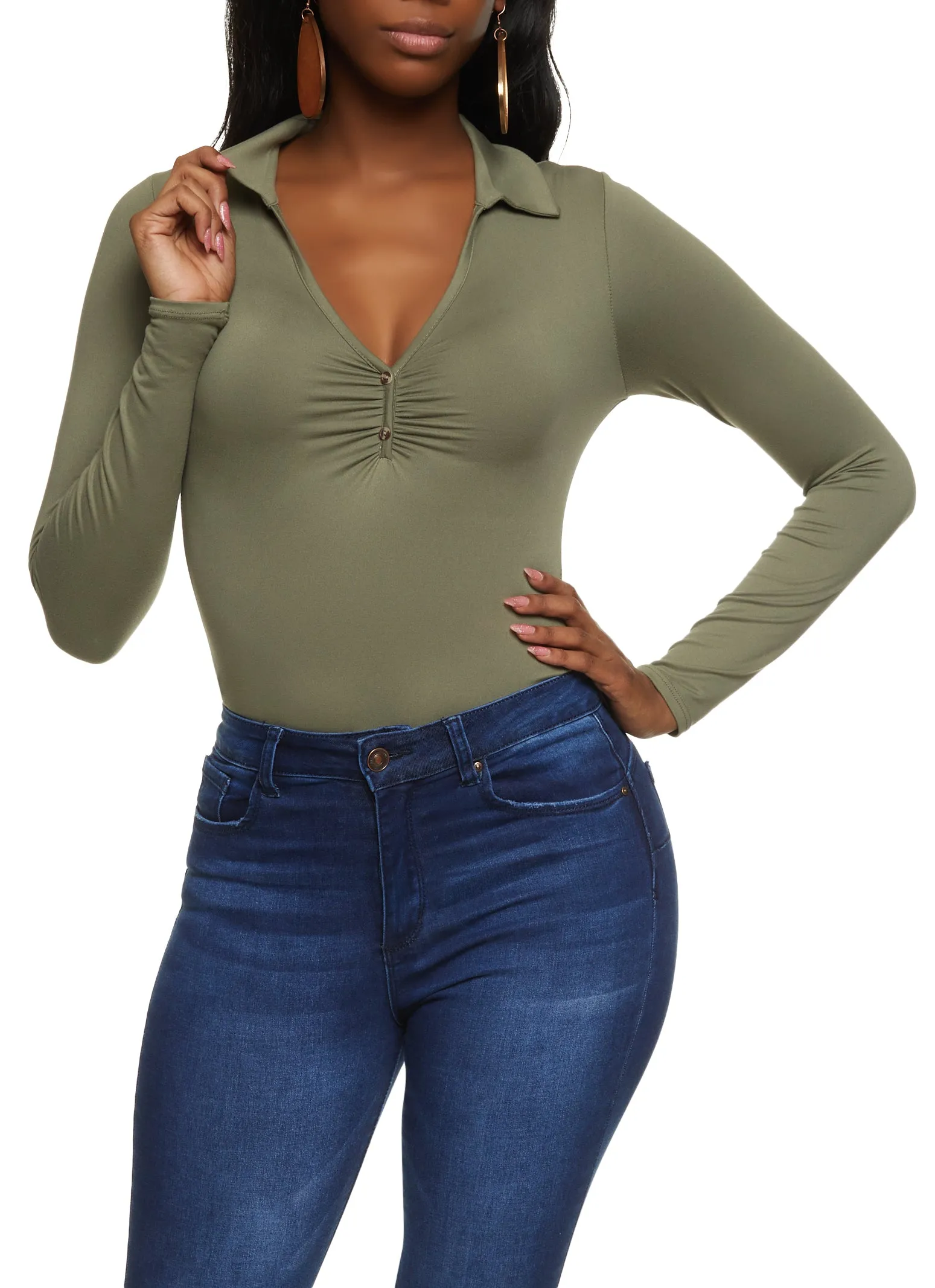 Faux Button Ruched Front Collar Bodysuit sold by Rainbow product image thumbnail 2