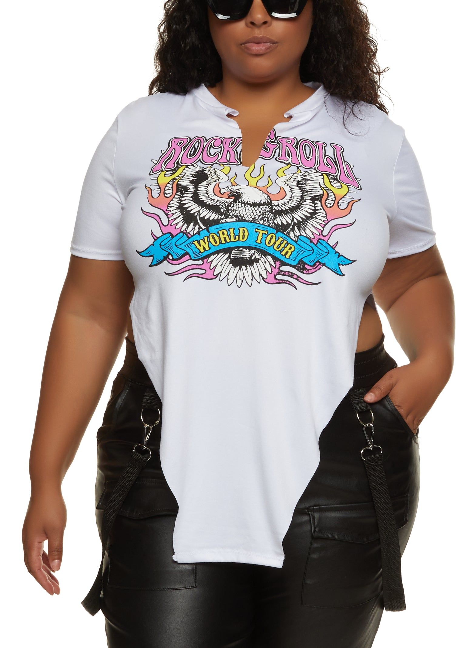 Plus Size Rock and Roll Hanky Hem Graphic Tee sold by Rainbow