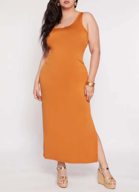 Plus Size Scoop Neck Side Slit Maxi Tank Dress sold by Rainbow
