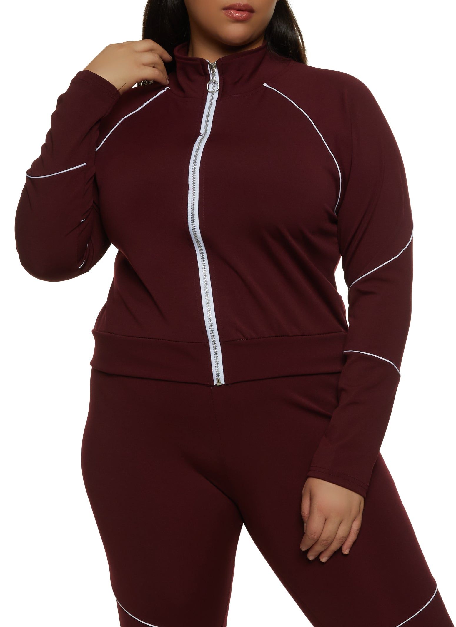 Plus Size Zip Front Contrast Piping Track Jacket sold by Rainbow