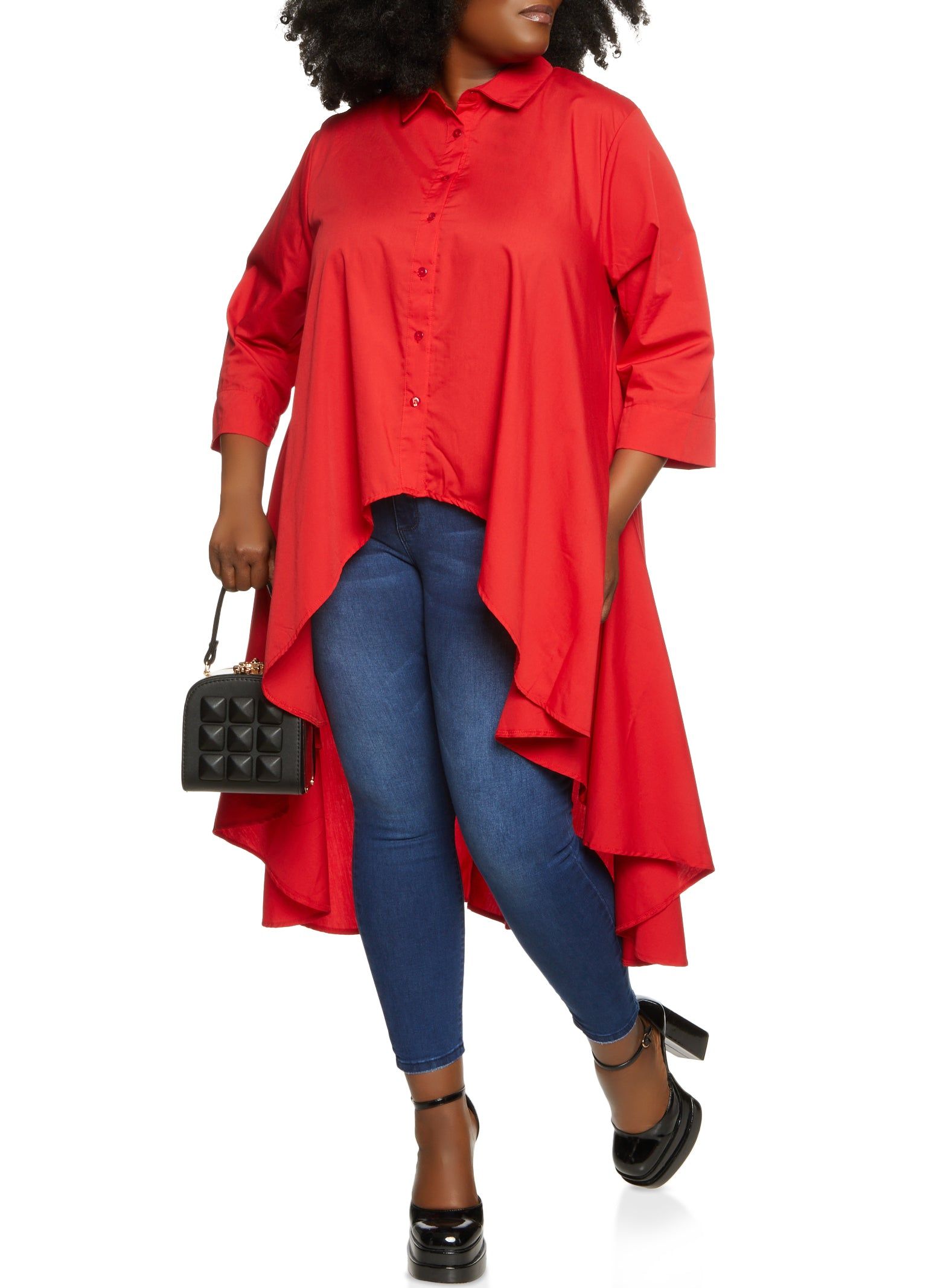 Plus Size Solid High Low Button Down Shirt sold by Rainbow
