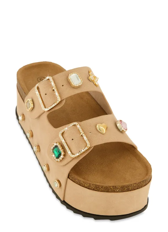 Charm Pendant Cork Detail Platform Footbed Sandals sold by Rainbow