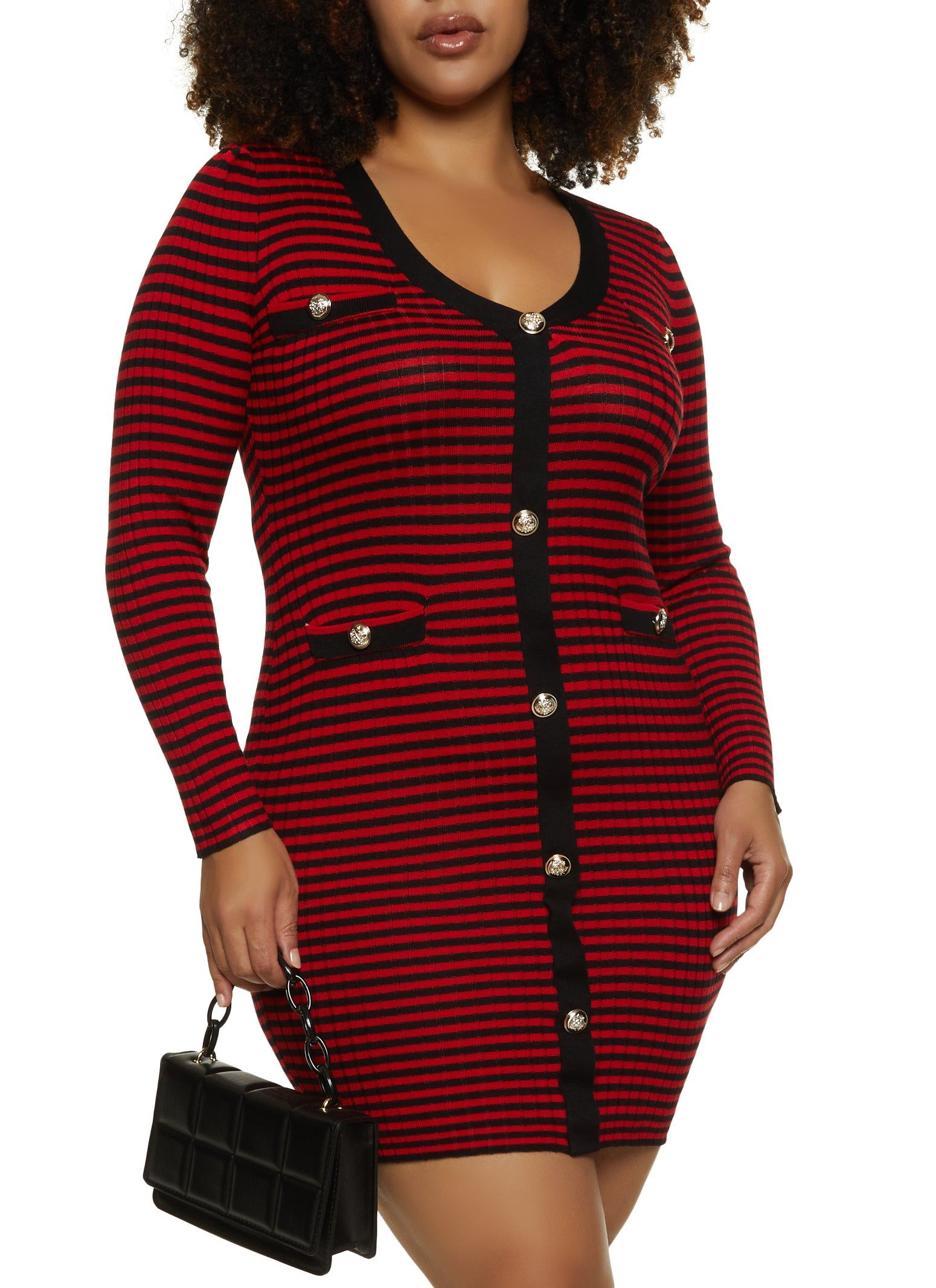 Plus Size Striped Faux Button Mini Sweater Dress sold by Rainbow
