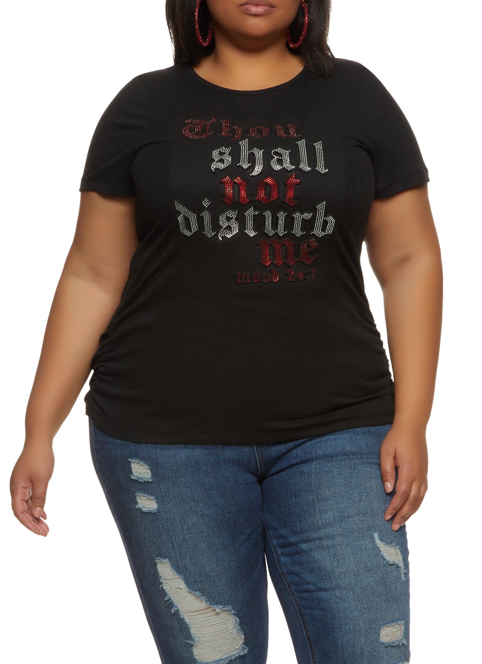 Plus Size Thou Shall Not Disturb Me Rhinestone Embossed Tee sold by Rainbow