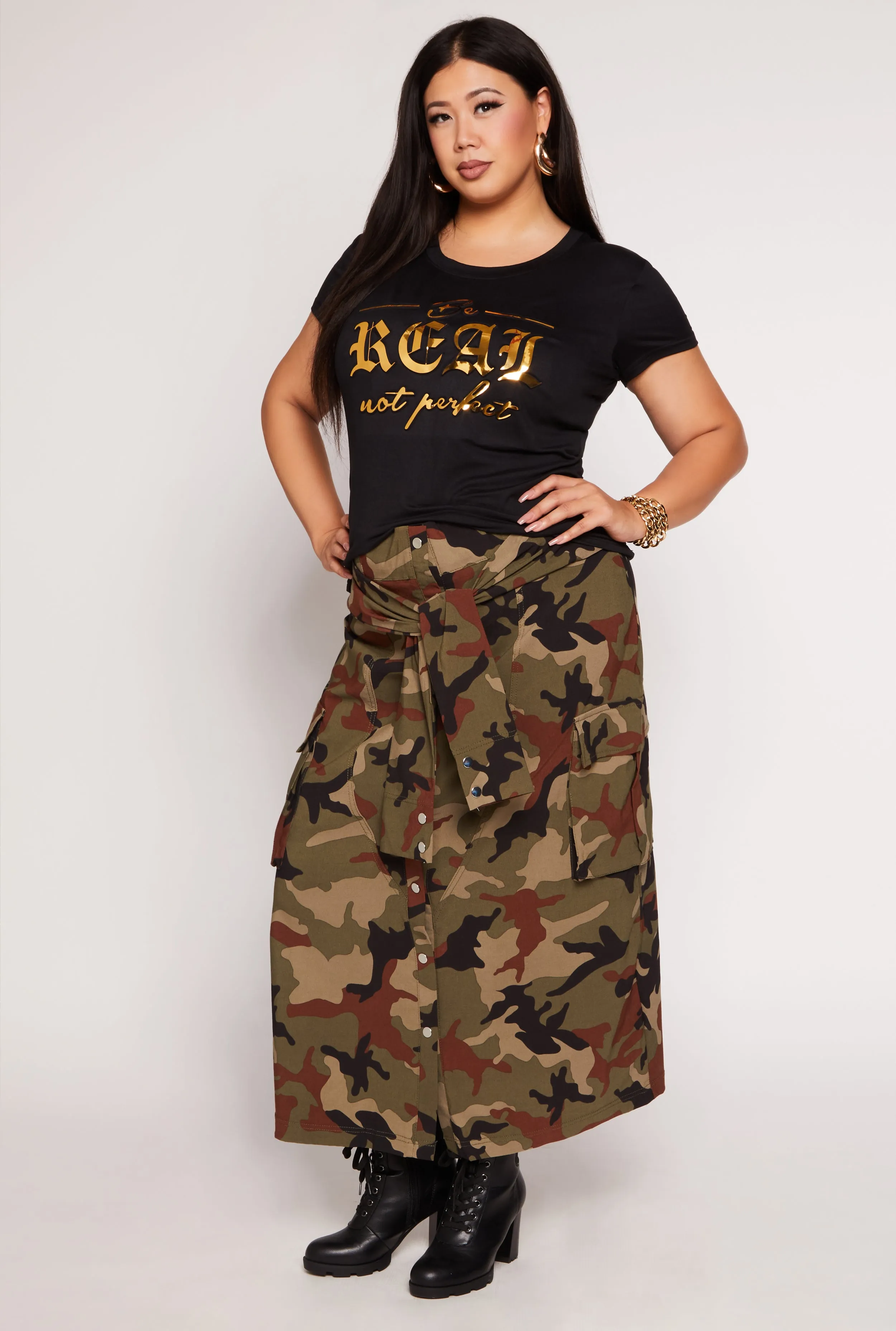 Plus Size Camo Tie Front Maxi Cargo Skirt sold by Rainbow