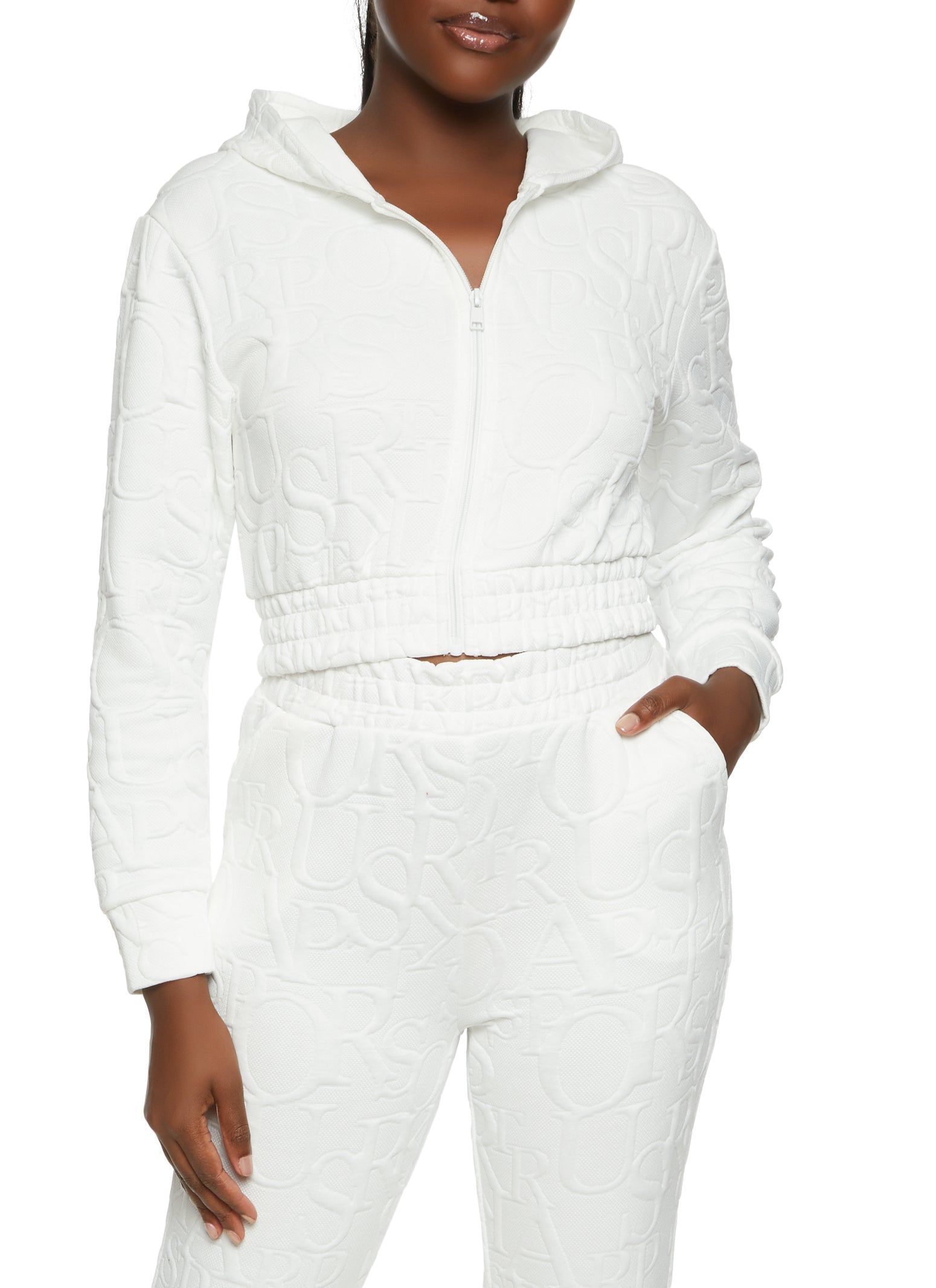 Embossed Zip Front Cropped Hoodie sold by Rainbow