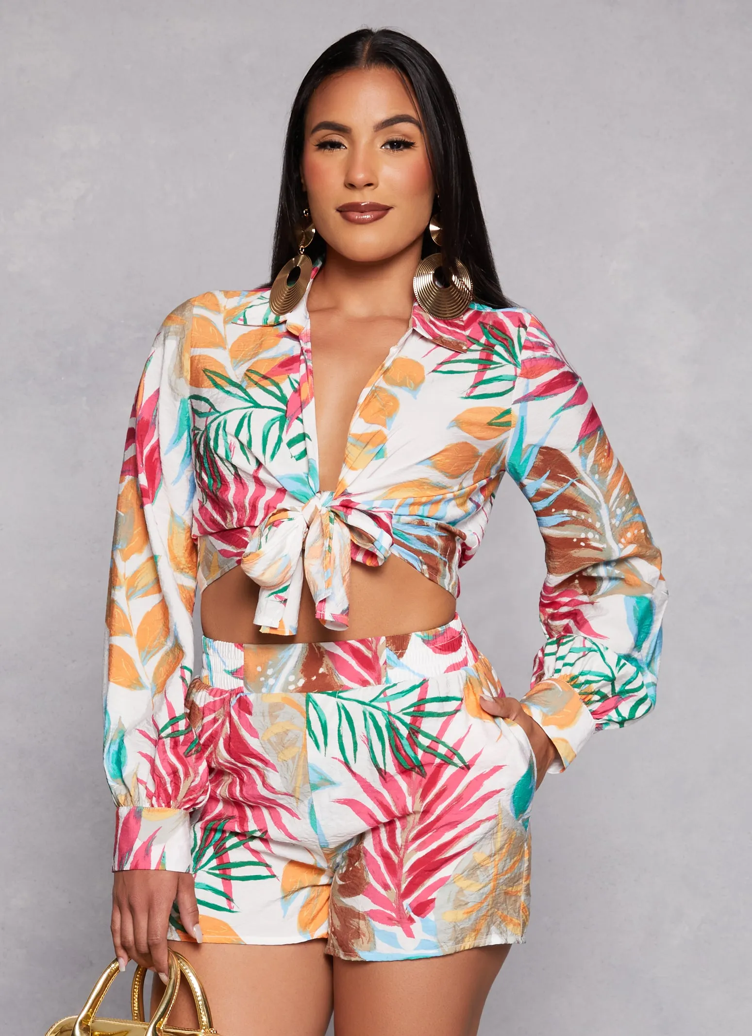 Tropical Floral Print Tie Front Top sold by Rainbow