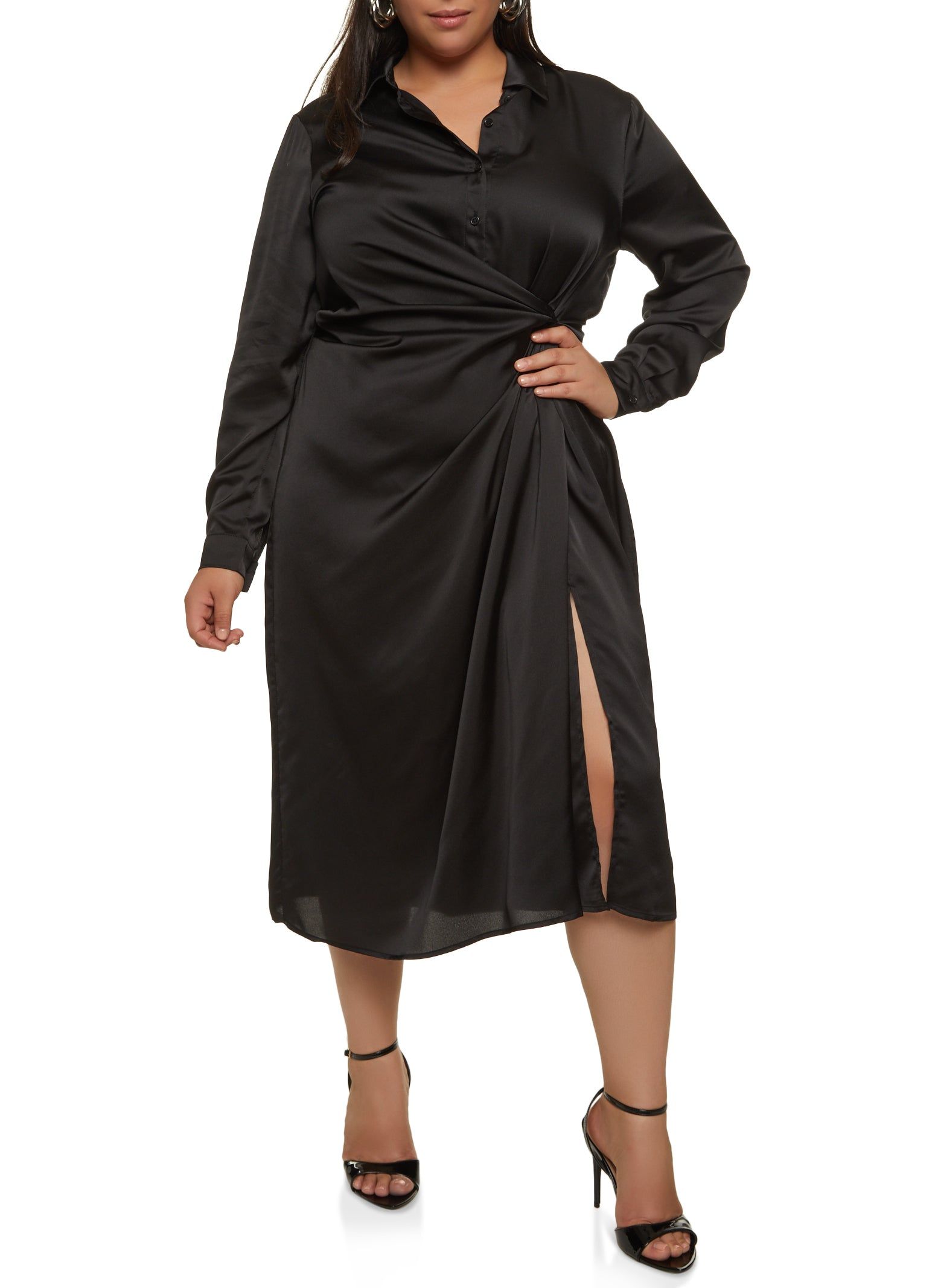 Plus Size Satin Half Button Faux Wrap Dress sold by Rainbow