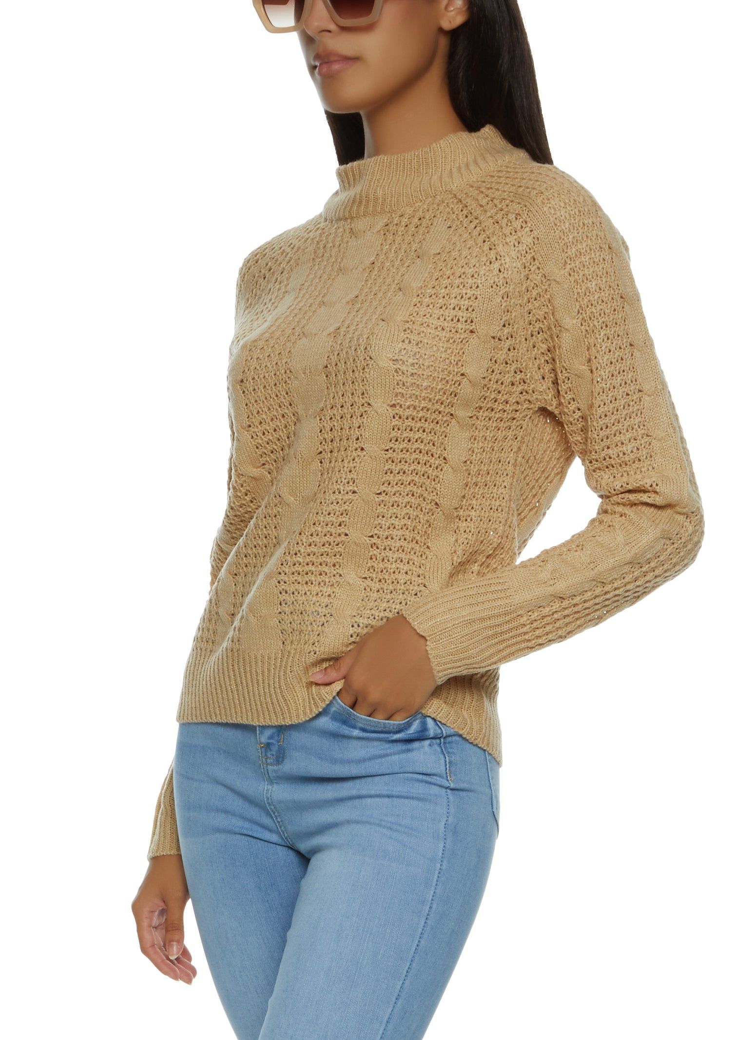 Mock Neck Cable Knit Sweater sold by Rainbow