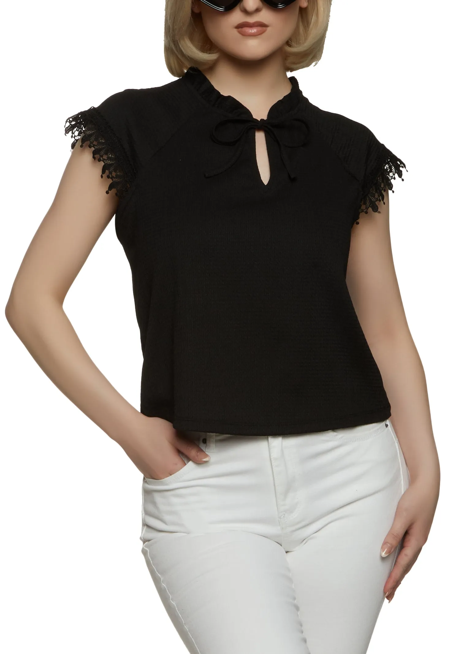 Textured Knit Lace Trim Sleeve Blouse sold by Rainbow