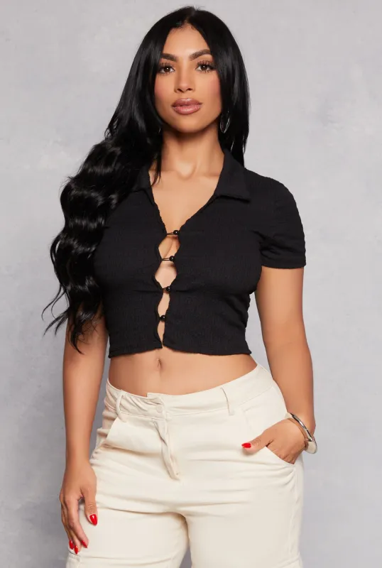 Textured Knit Plunge Button Front Crop Top sold by Rainbow