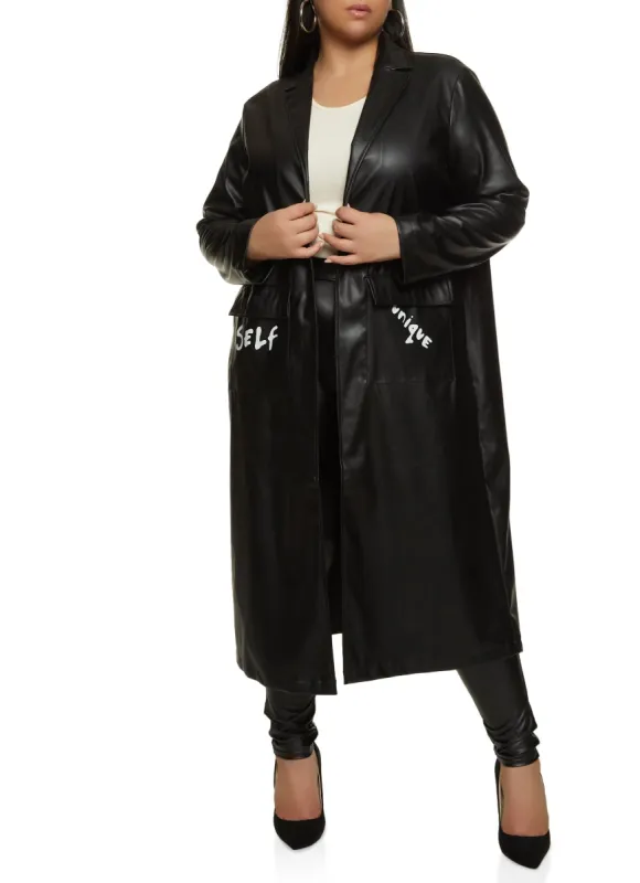 Plus Size Faux Leather Graphic Trench Coat sold by Rainbow