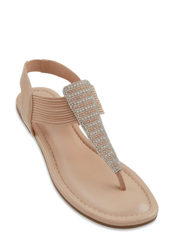 Rhinestone Faux Pearl Detail Corded Thong Sandals sold by Rainbow