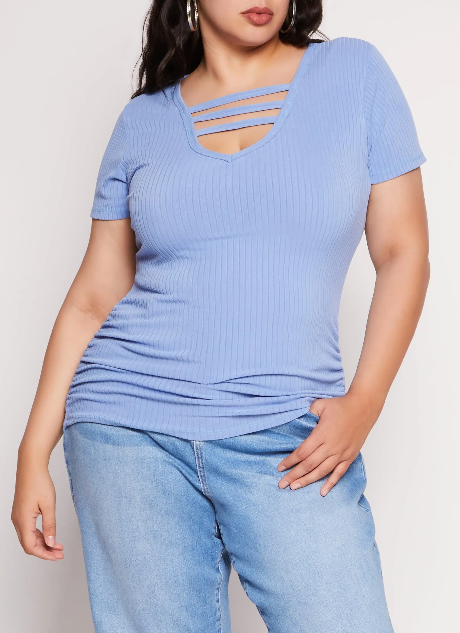 Plus Size Ribbed Caged V Neck Tee sold by Rainbow