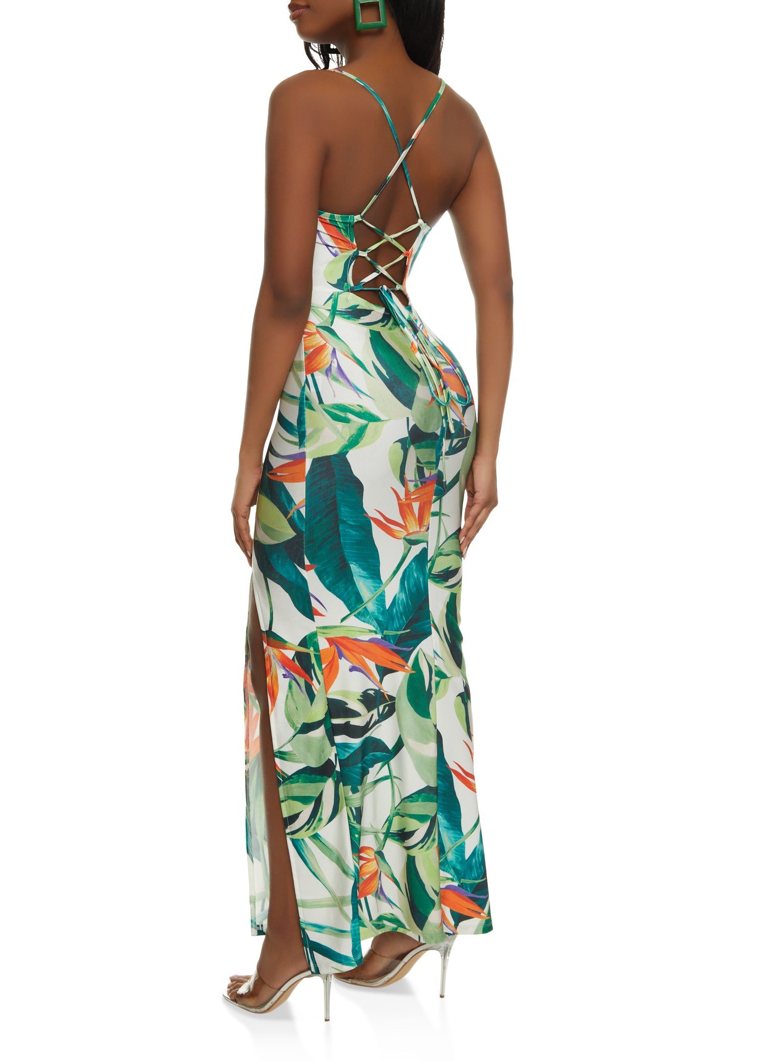 Tropical Print Lace Up Back Maxi Dress sold by Rainbow product image thumbnail 3
