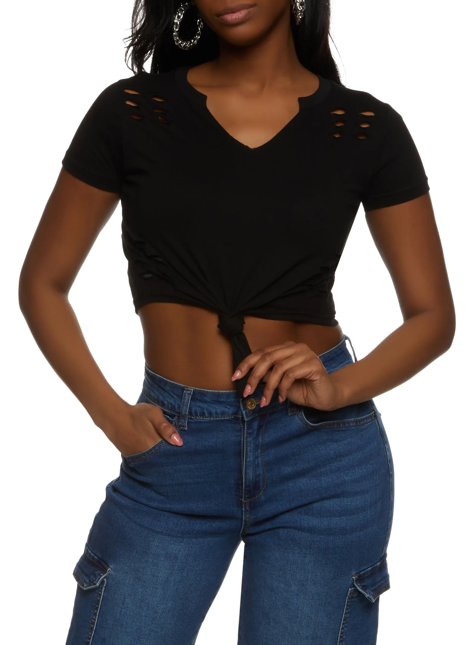 Laser Cut Knot Front V Neck Cropped Tee sold by Rainbow