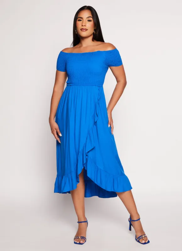 Off The Shoulder Smocked Tulip Hem Dress sold by Rainbow