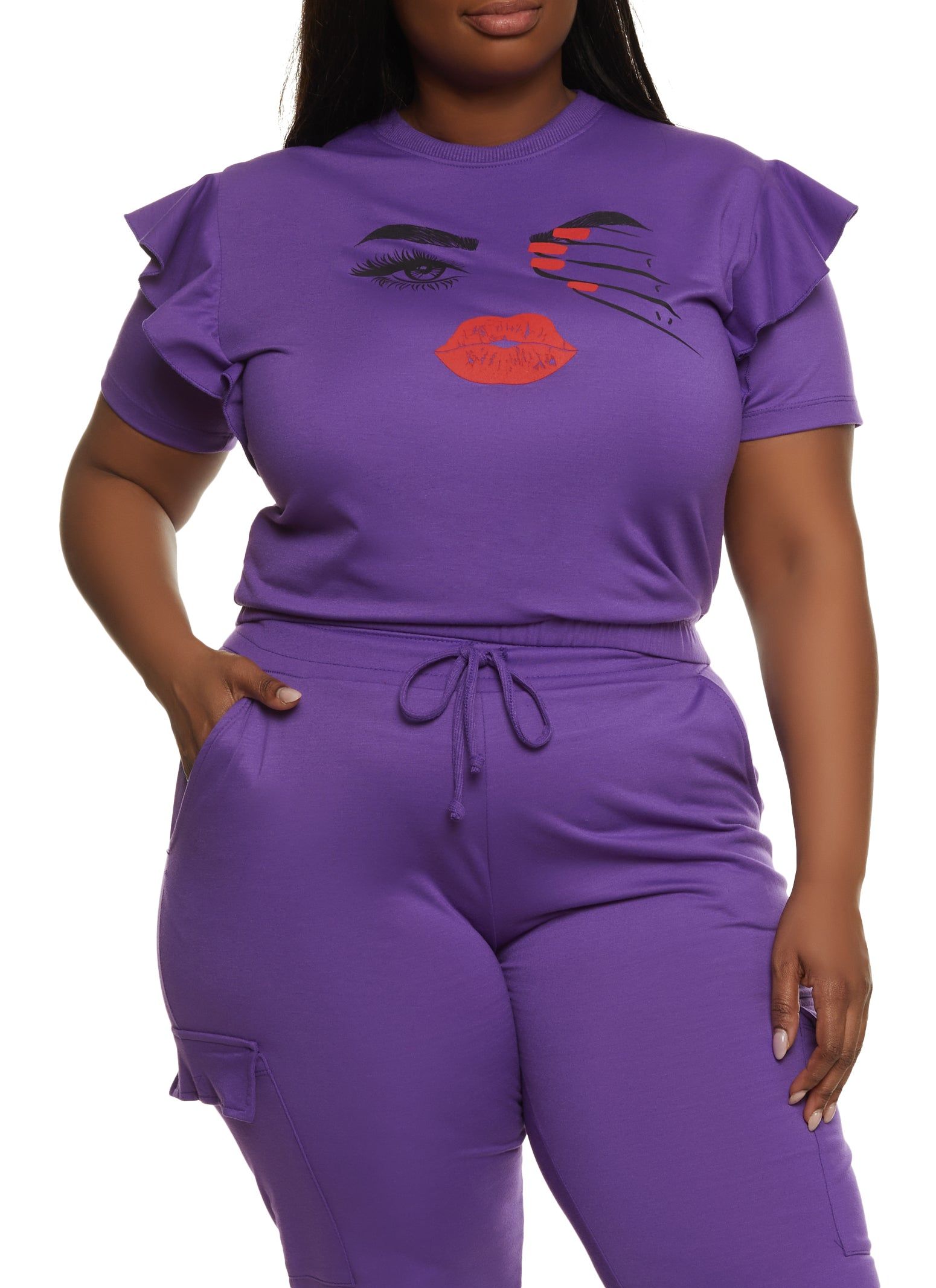 Plus Size Ruffle Sleeve Cropped Graphic Tee sold by Rainbow