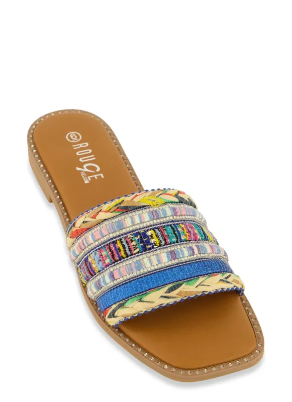 Studded Trim Rhinestone Braided Band Slide Sandals sold by Rainbow