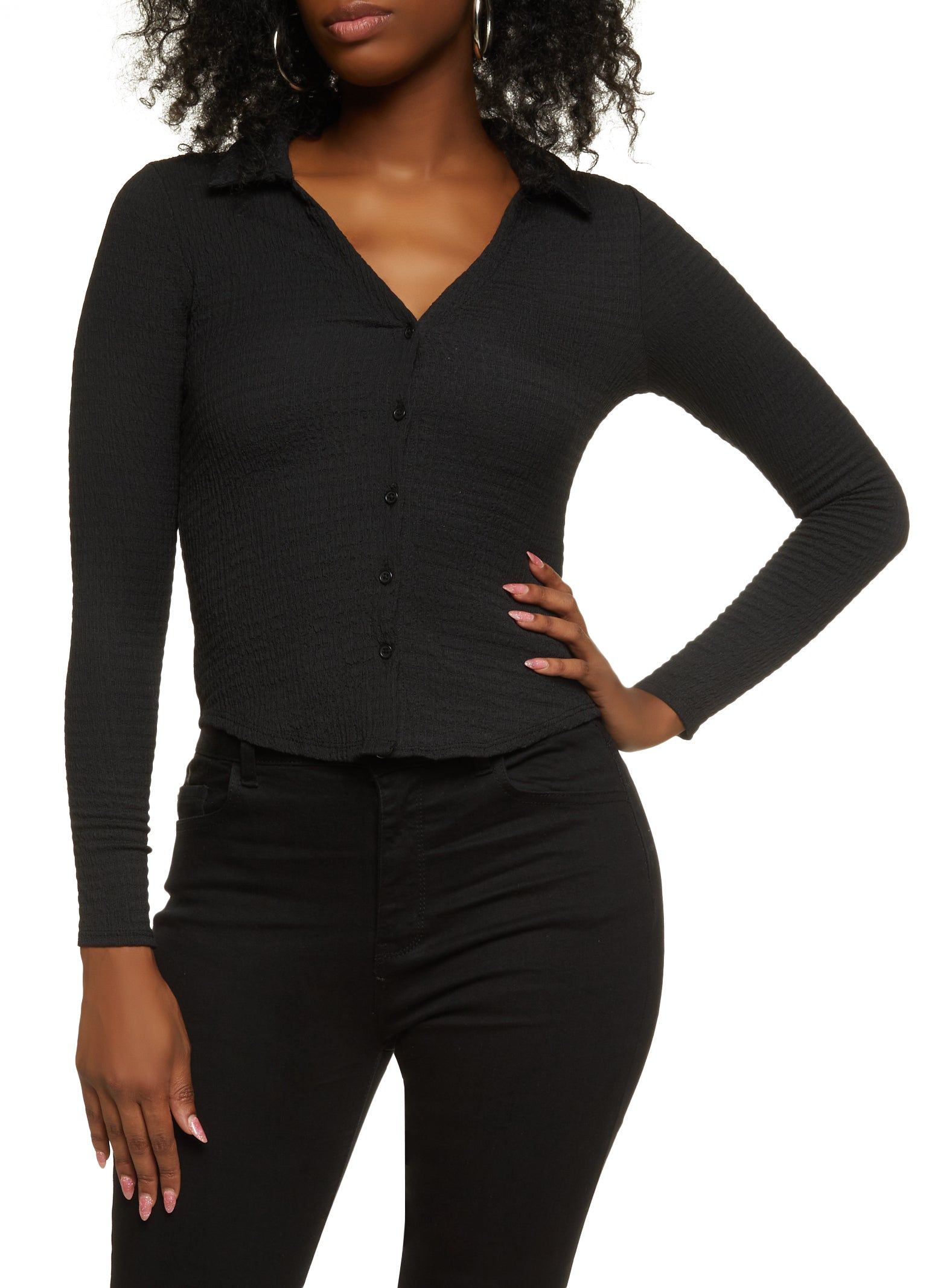 Textured Knit Long Sleeve Button Front Shirt sold by Rainbow