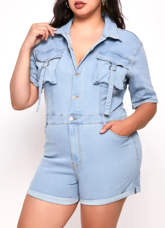 Plus Size Daisy Denim Utility Romper sold by Rainbow