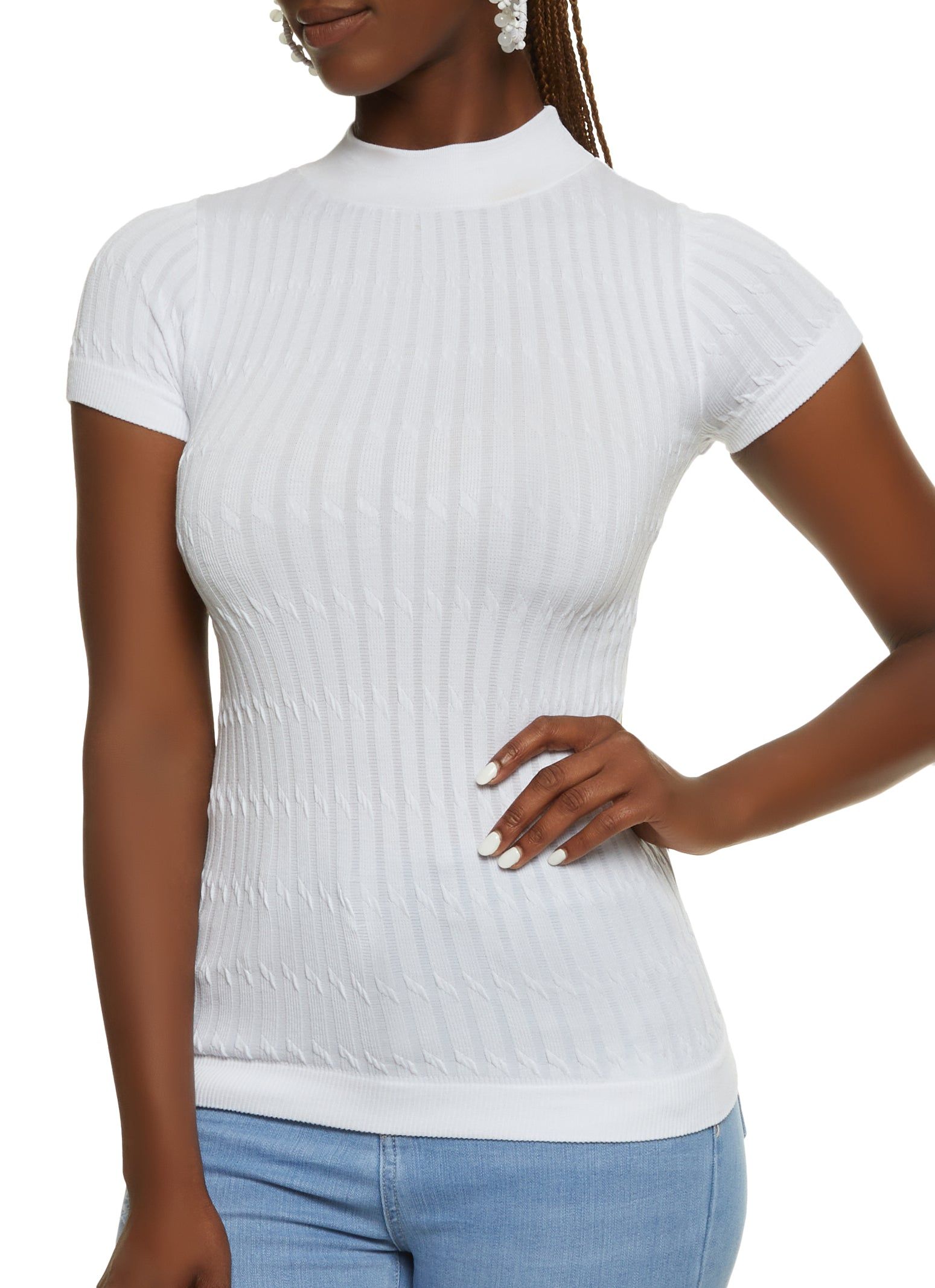 Seamless Cable Knit Mock Neck Short Sleeve Top sold by Rainbow