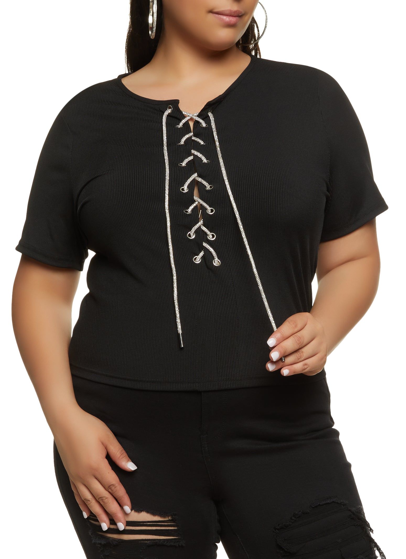 Plus Size Rhinestone Lace Up Top sold by Rainbow