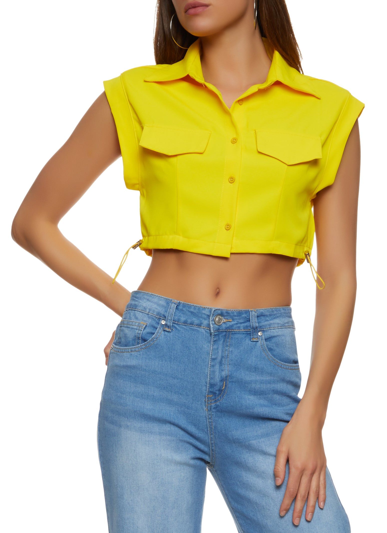 Button Front Toggle Drawstring Hem Shirt sold by Rainbow