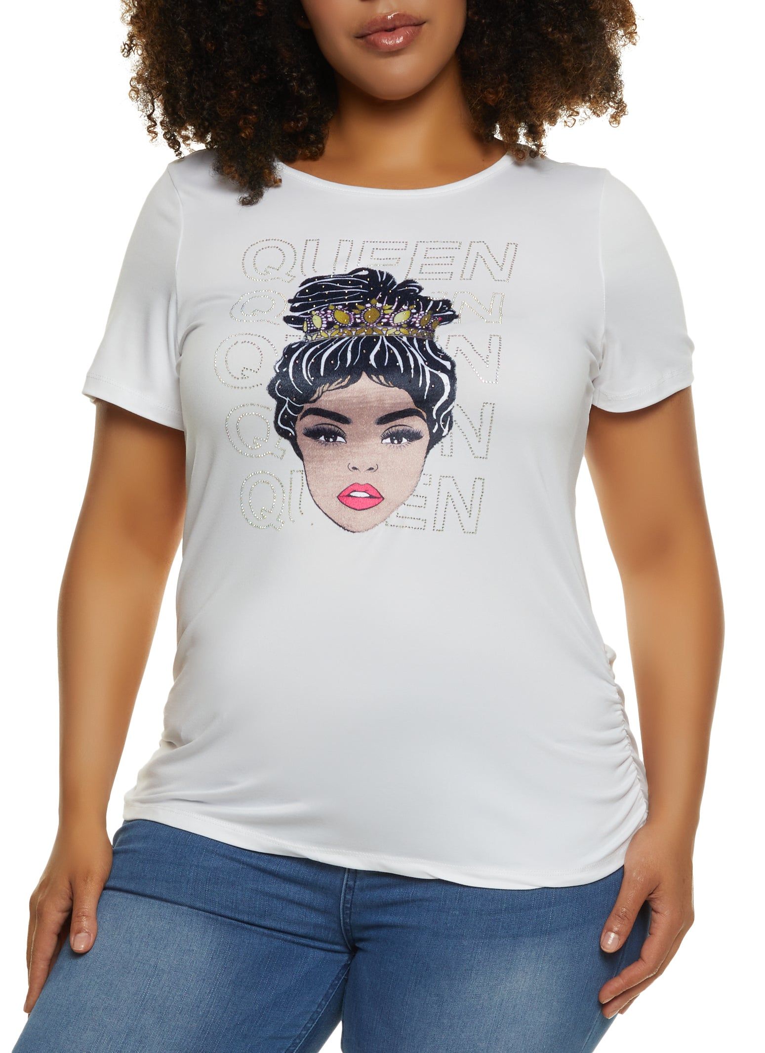 Plus Size Rhinestone Queen Ruched Graphic Tee sold by Rainbow