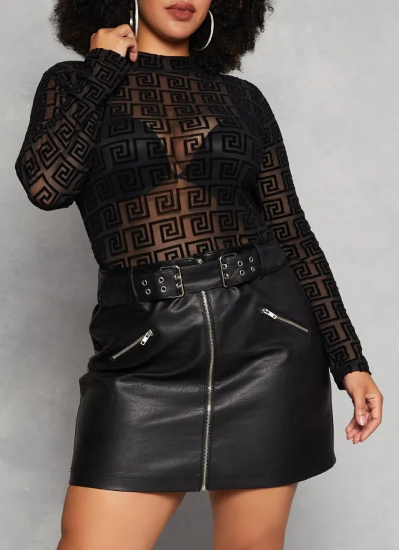 Plus Size Mesh Printed Mock Neck Blouse sold by Rainbow