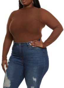 Plus Size Mesh High Neck Long Sleeve Bodysuit sold by Rainbow