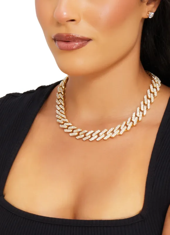 Cubic Zirconia Cuban Link Chain Necklace and Stud Earrings sold by Rainbow