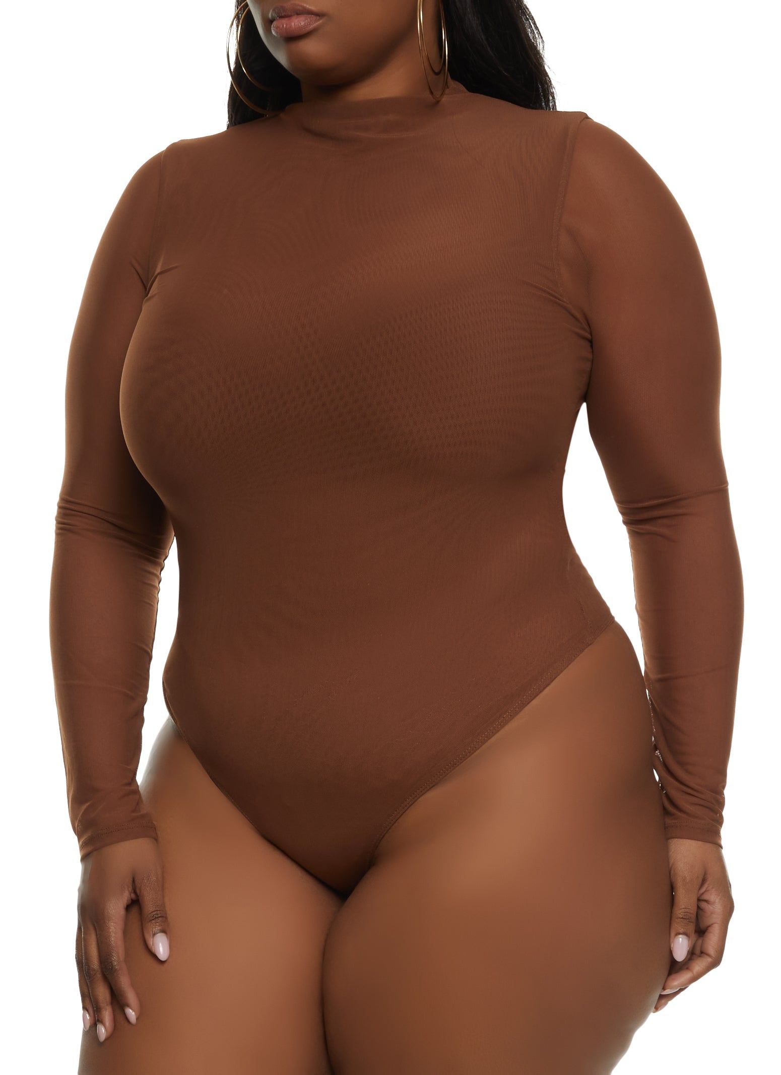 Plus Size Mesh High Neck Long Sleeve Bodysuit sold by Rainbow