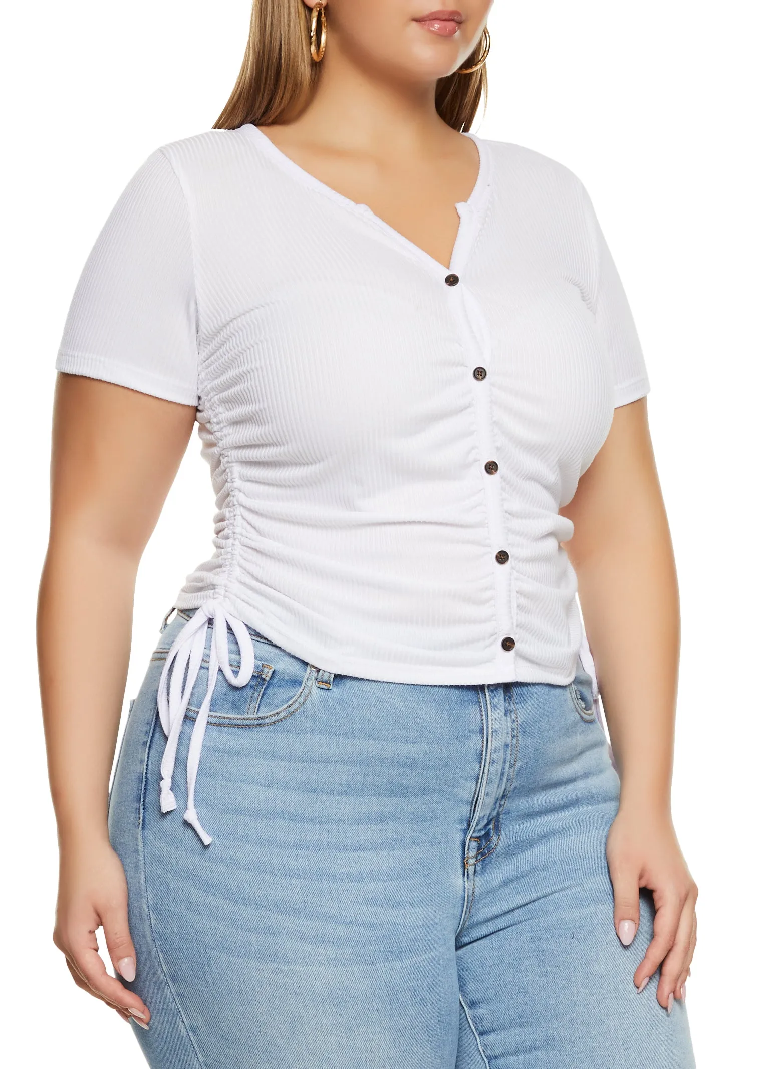 Plus Size Rib Knit Button Front Ruched Tee sold by Rainbow