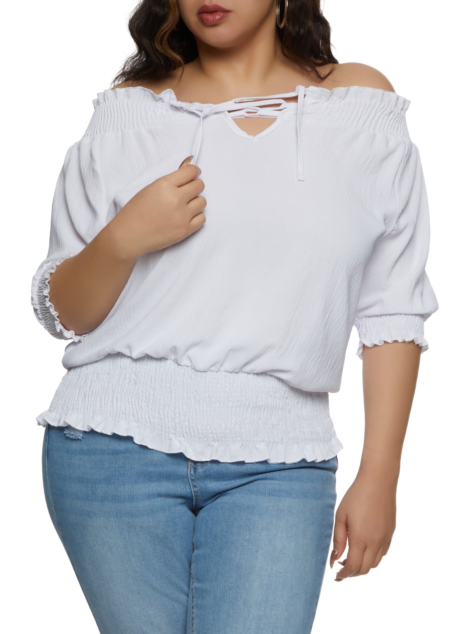 Plus Size Lace Up Front Off the Shoulder Peasant Top sold by Rainbow