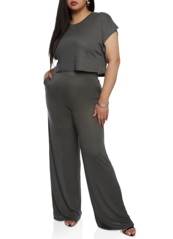 Plus Size Daisy Brushed Knit High Waist Wide Leg Pants sold by Rainbow