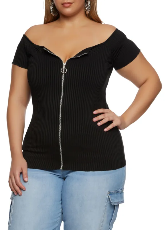 Plus Size Ribbed Zip Front Off the Shoulder Top sold by Rainbow