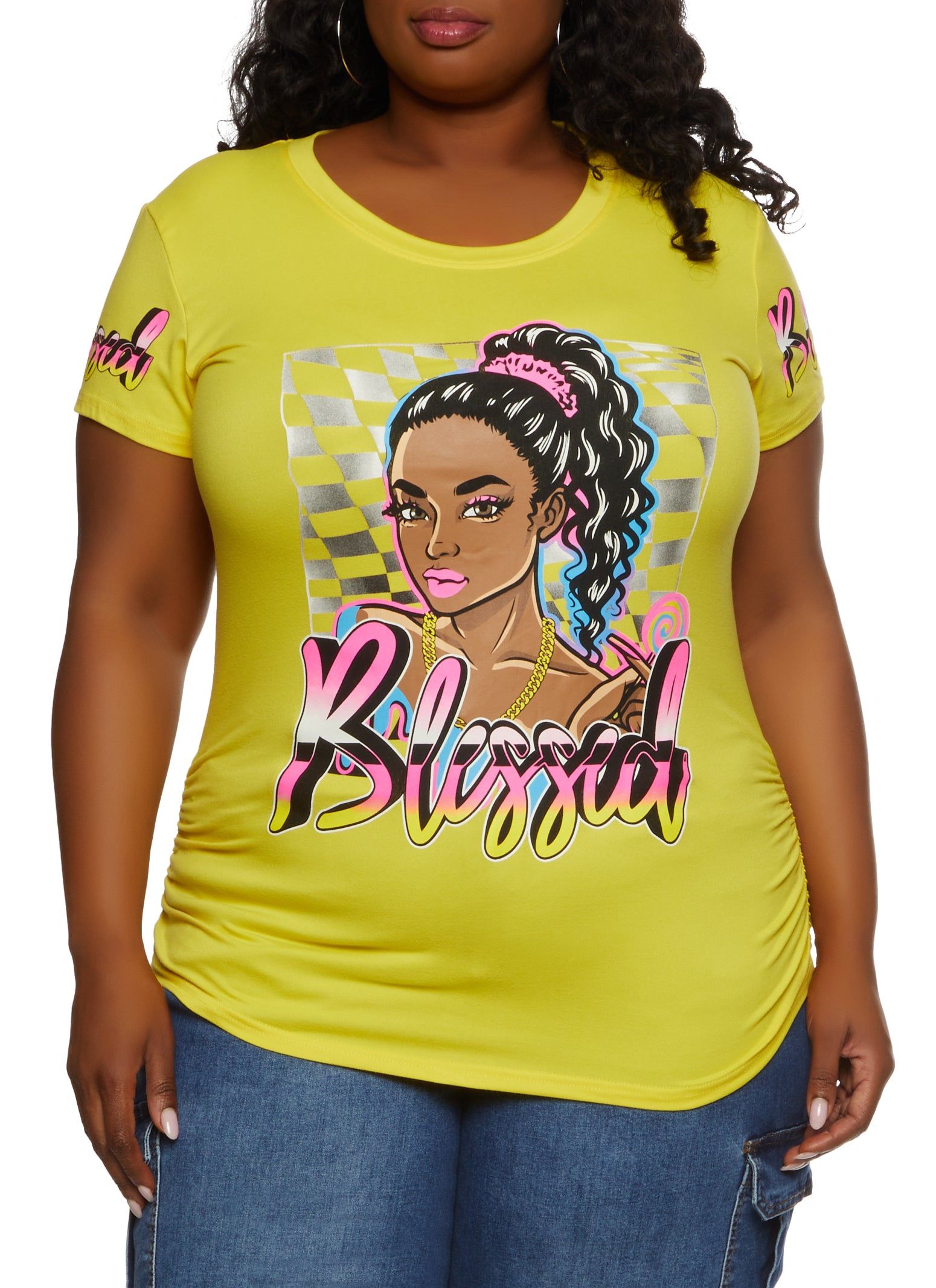 Plus Size Blessed Checkered Graphic Tee sold by Rainbow