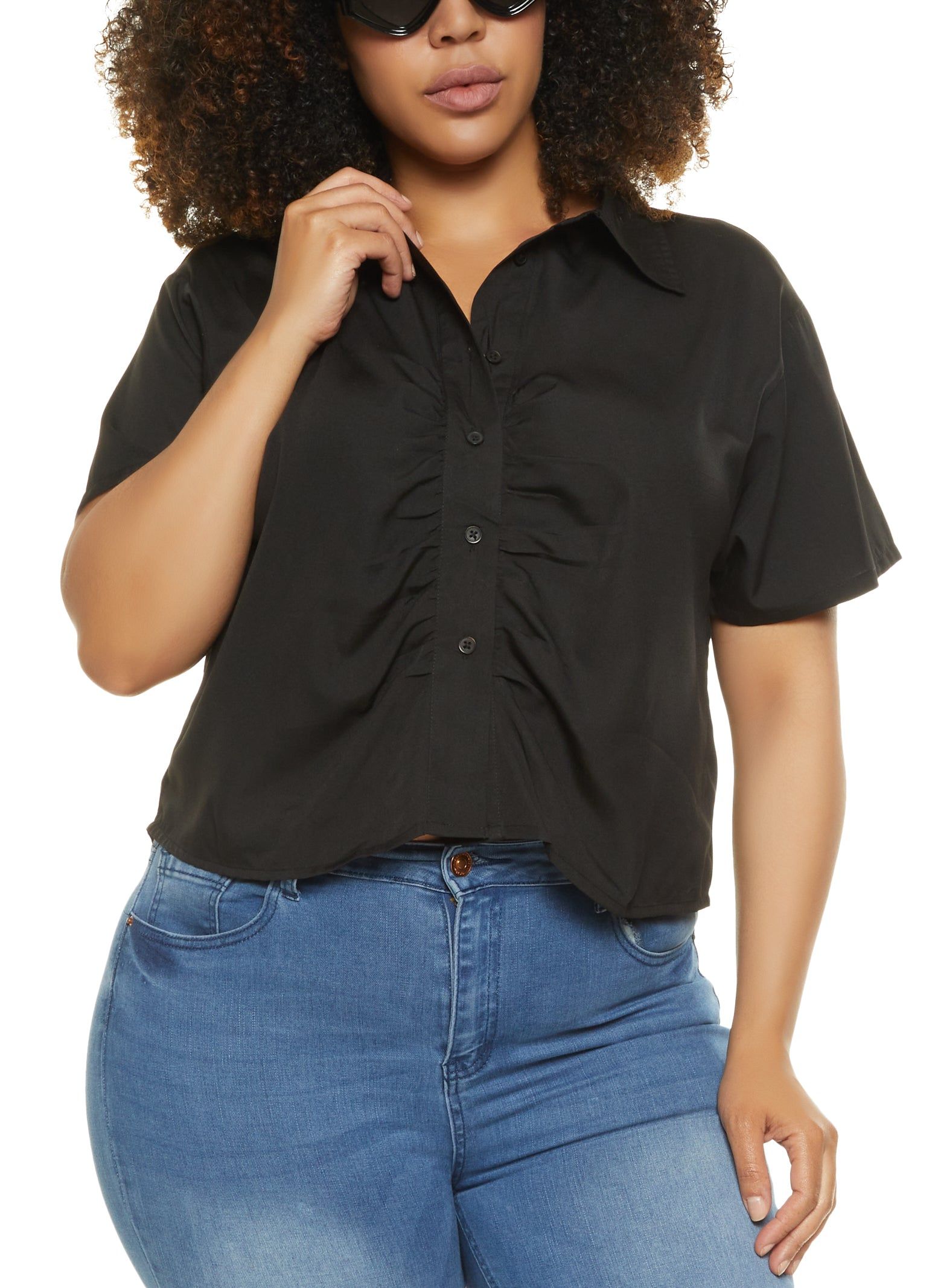 Plus Size Ruched Button Down Cropped Shirt sold by Rainbow