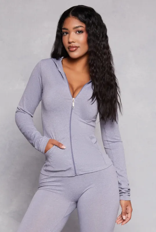 Seamless Ribbed Knit Zip Front Hooded Top sold by Rainbow