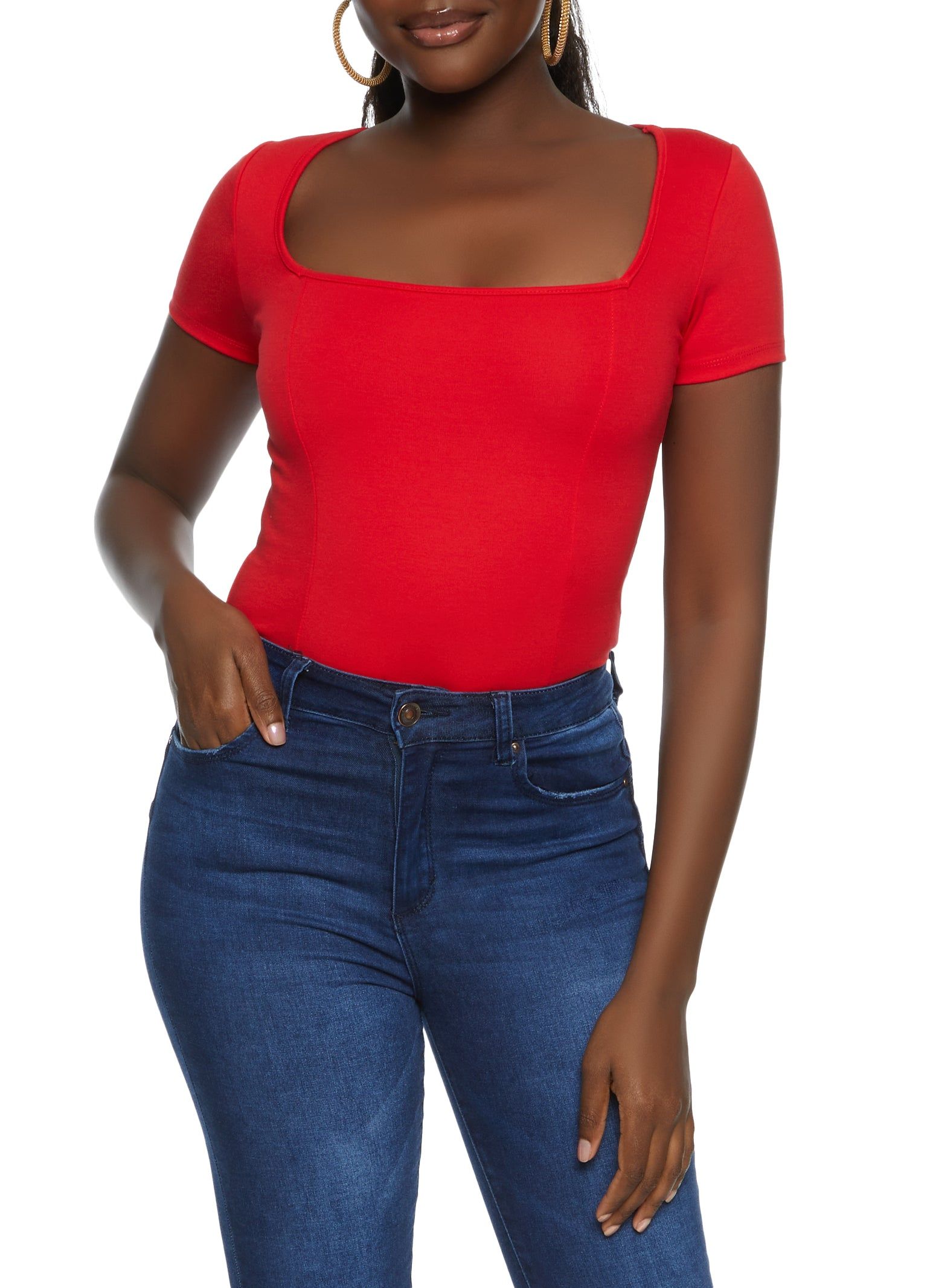 Solid Short Sleeve Square Neck Bodysuit sold by Rainbow product image thumbnail 2