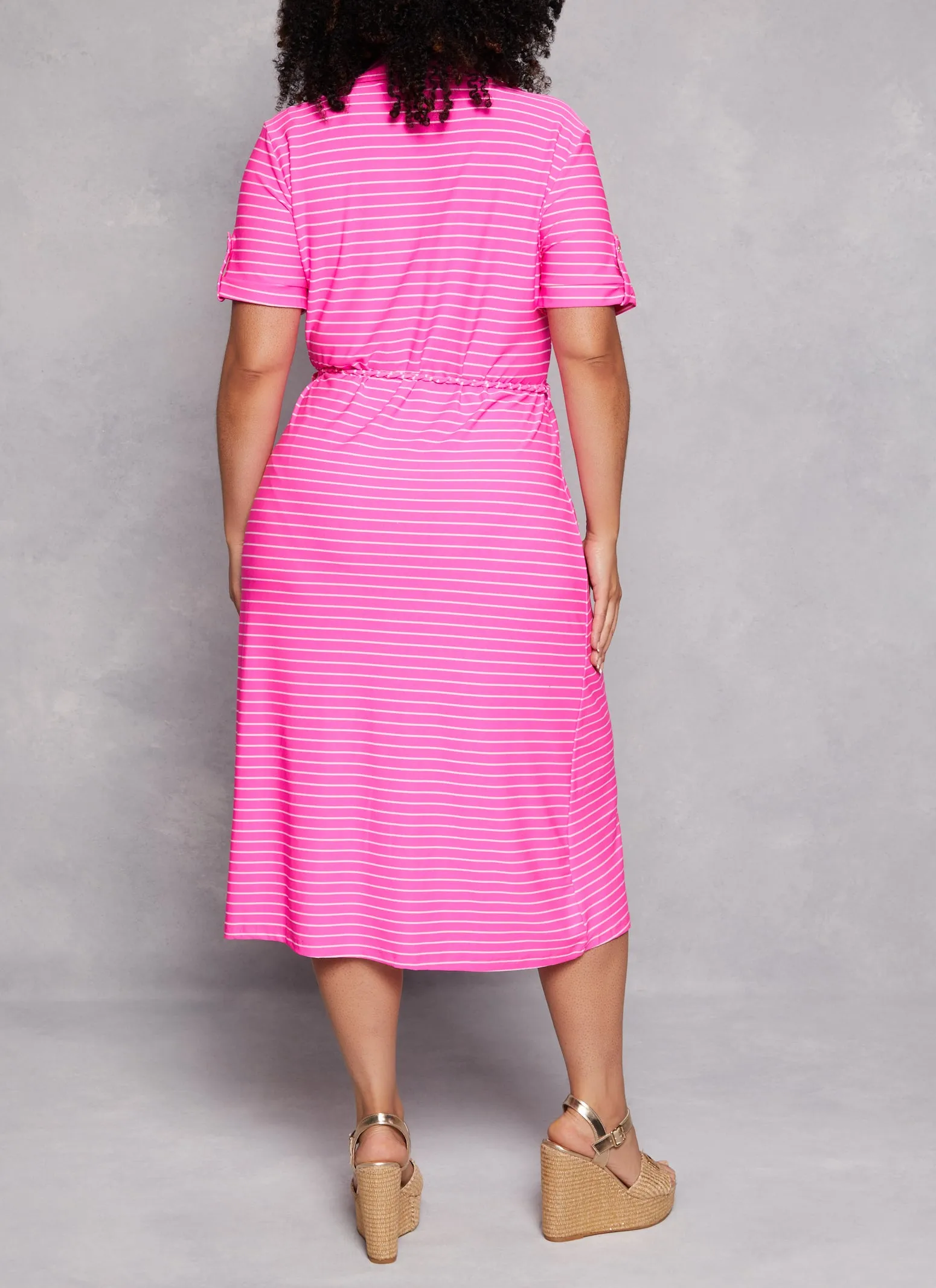 Plus Size Striped Tie Waist Belted Midi Shirt Dress sold by Rainbow product image thumbnail 3
