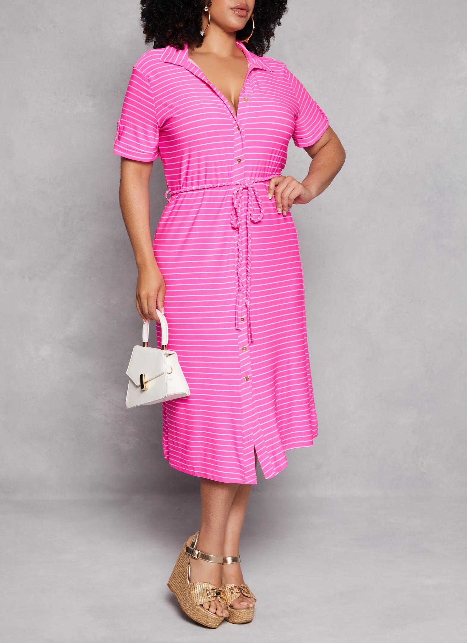 Plus Size Striped Tie Waist Belted Midi Shirt Dress sold by Rainbow