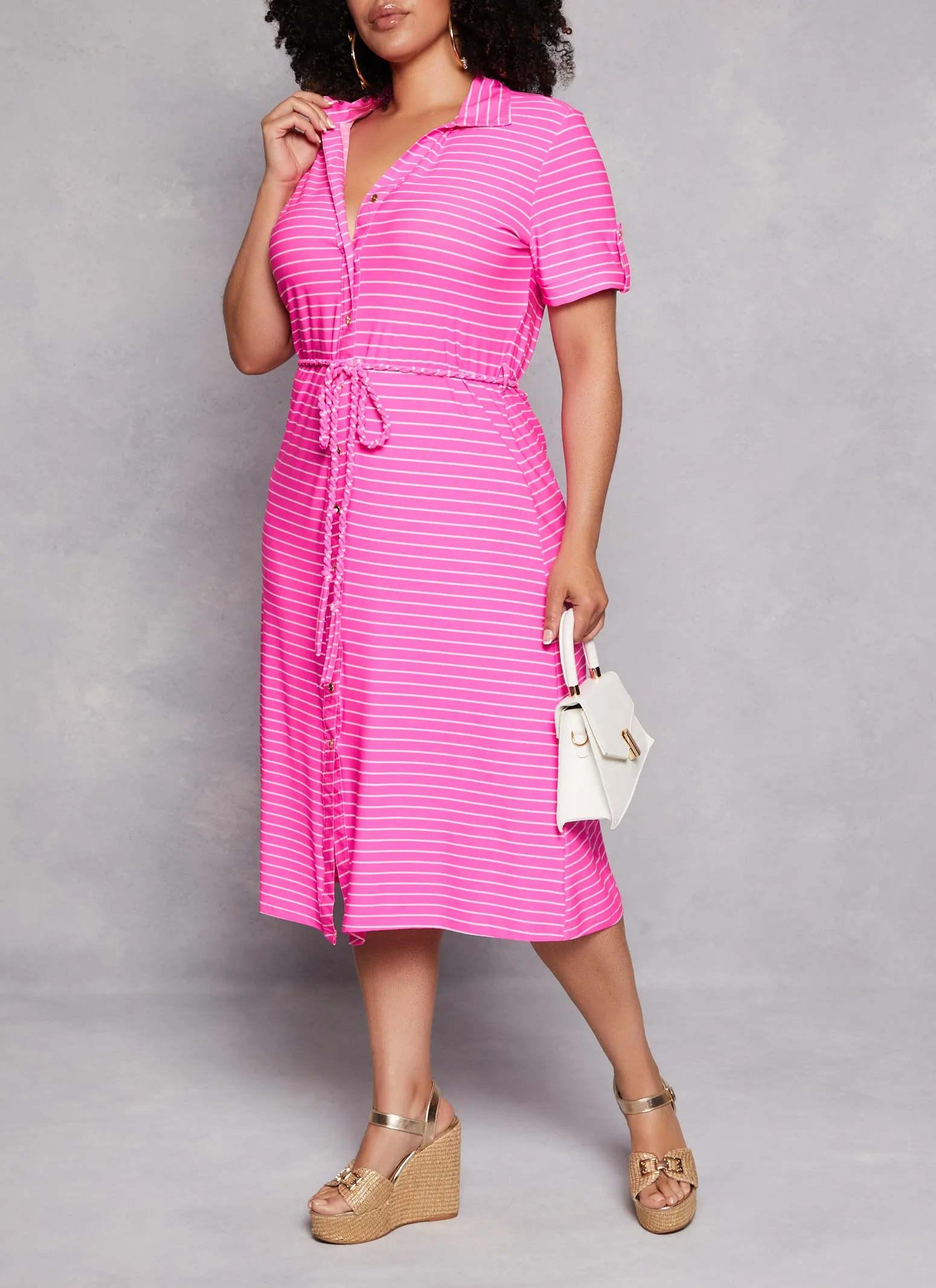 Plus Size Striped Tie Waist Belted Midi Shirt Dress sold by Rainbow product image thumbnail 2