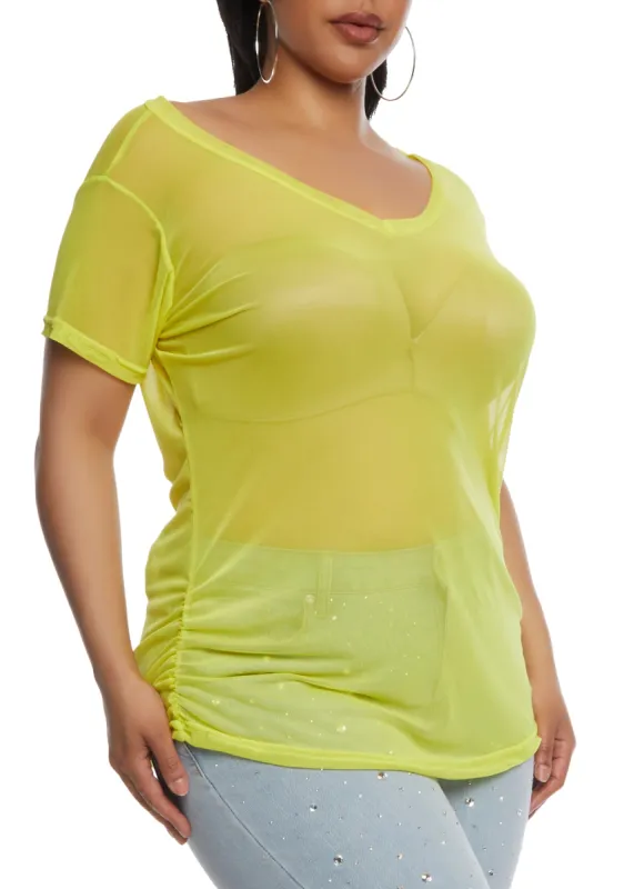 Plus Size Mesh Ruched V Neck Top sold by Rainbow