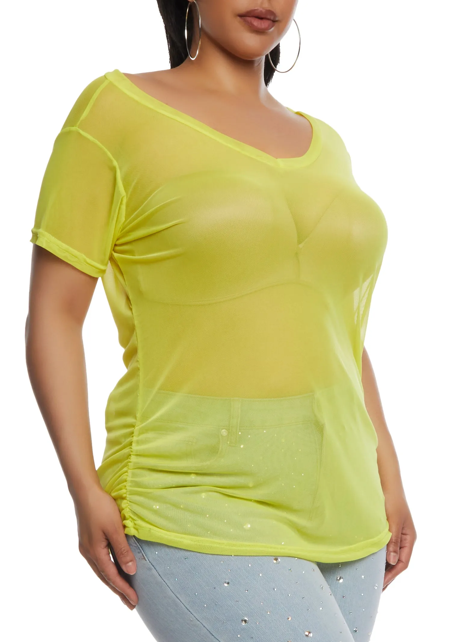Plus Size Mesh Ruched V Neck Top sold by Rainbow