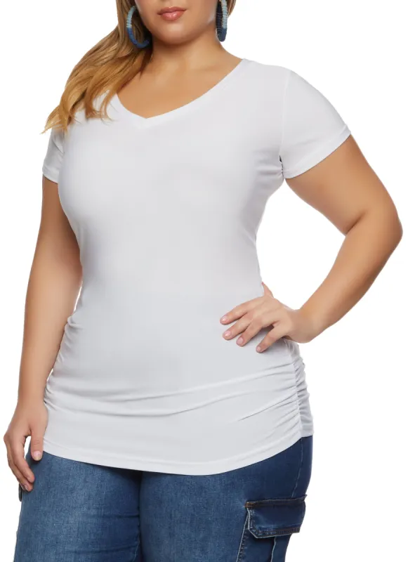 Plus Size Ruched Side V Neck T Shirt sold by Rainbow