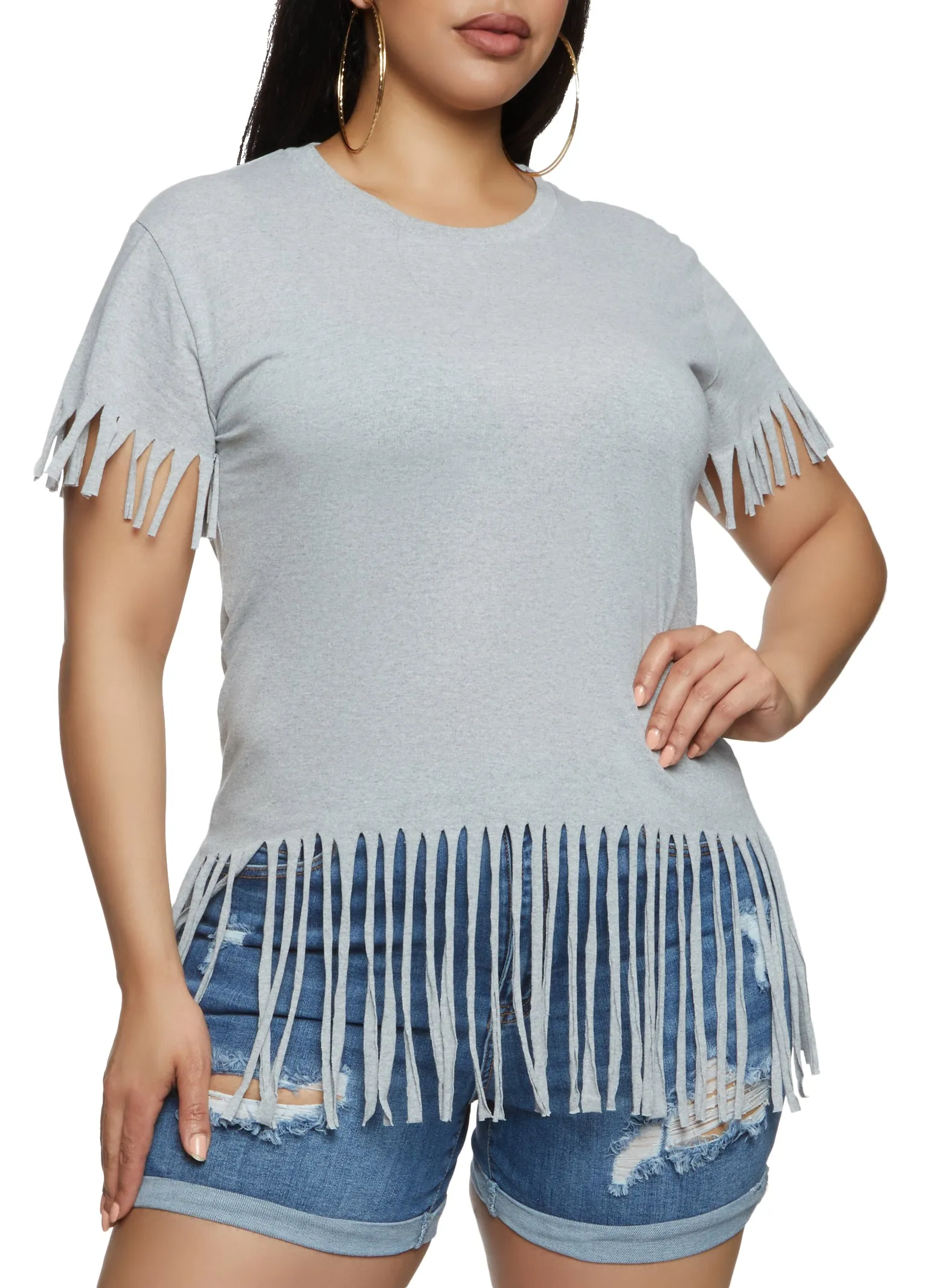 Plus Size Fringe Crew Neck T Shirt sold by Rainbow